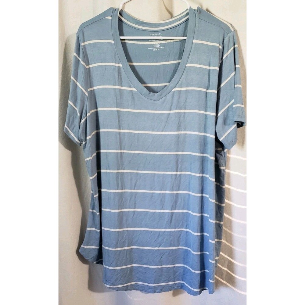 HomeGIRL Society Women’s 2X Blue Cream Striped V Neck Short Sleeve Top Rayon